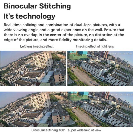 AI Security Camera for Home Monitoring with Wide-Angle View showing 180° binocular stitching and dual 2MP lens picture-in-picture cityscape monitoring