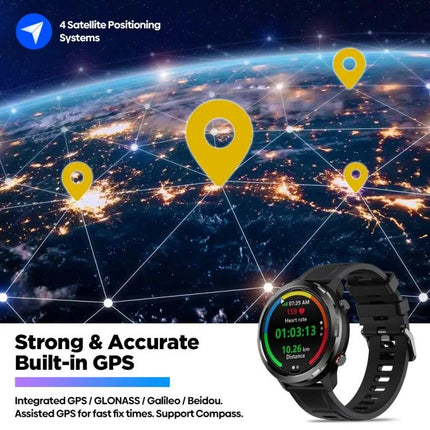 Zeblaze Stratos 2 Lite for Daily Fitness and Health Monitoring showing built-in GPS map pins and smartwatch tracking run stats