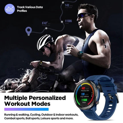 Zeblaze Stratos 2 Lite for Daily Fitness and Health Monitoring - athletic triathletes using smartwatch to track running, cycling, heart rate and workout modes