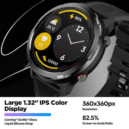 Zeblaze Stratos 2 Lite for Daily Fitness and Health Monitoring - black smartwatch showing heart rate, steps, weather on 1.32” IPS color display