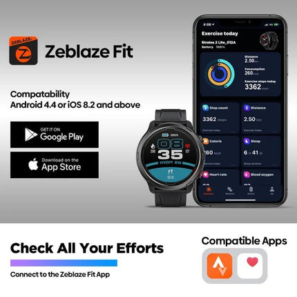 Zeblaze Stratos 2 Lite for Daily Fitness and Health Monitoring smartwatch with app dashboard showing activity, heart rate, steps and compatibility