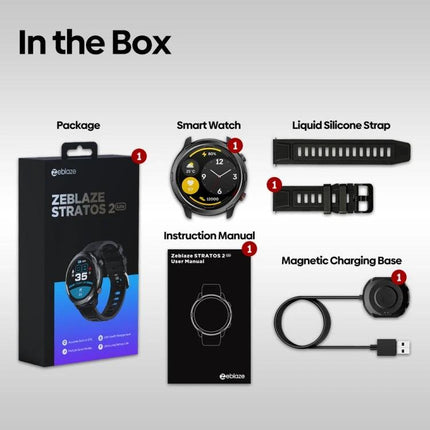 Zeblaze Stratos 2 Lite for Daily Fitness and Health Monitoring - product box, smartwatch, silicone strap, manual and magnetic charging base