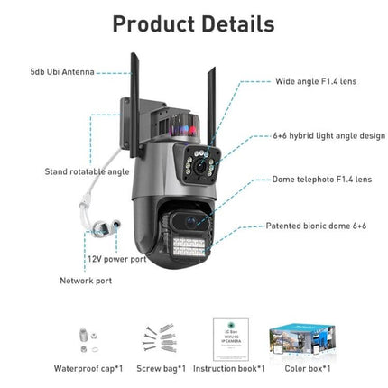 AI Security Camera for Home Monitoring with Human Detection - 2MP bullet + 2MP spherical splicing to 4MP, human detection, wide angle, night lights, outdoor mounting