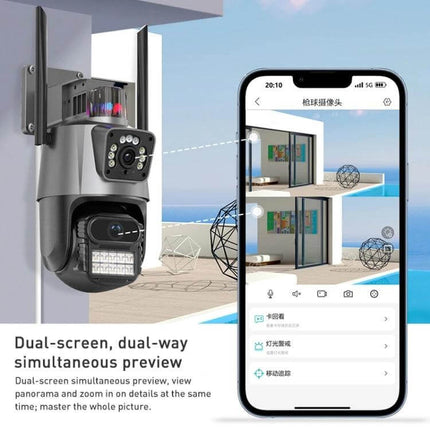 AI Security Camera for Home Monitoring with Human Detection showing dual-screen preview on smartphone and 4MP spliced bullet and spherical cameras