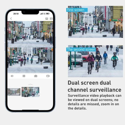 AI Security Camera for Home Monitoring with Human Detection showing mobile app dual-screen playback of spliced 2MP bullet and 2MP spherical camera images