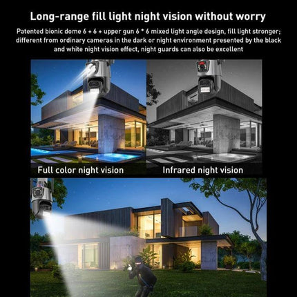 AI Security Camera for Home Monitoring with Human Detection showing full color and infrared night vision on modern house with long-range fill light