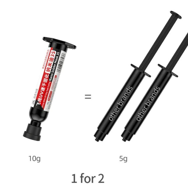 Qianli MEGA-IDEA Nano Solder Mask UV-Curing Glue for Repairs syringe 10g compared to two 5g syringes showing 1-for-2 value