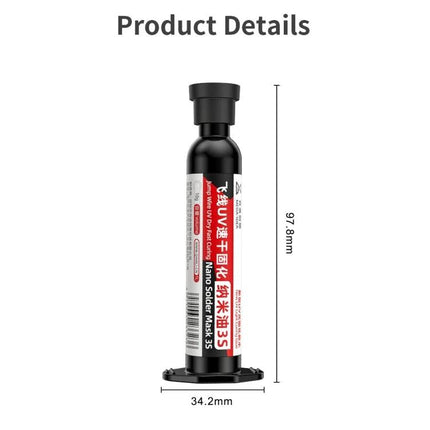 Qianli MEGA-IDEA Nano Solder Mask UV-Curing Glue for Repairs black syringe bottle showing product dimensions