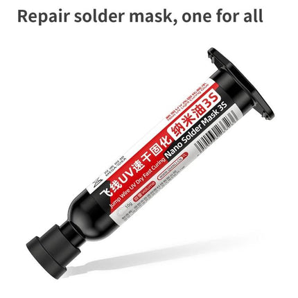 Qianli MEGA-IDEA Nano Solder Mask UV-Curing Glue for Repairs bottle angled view showing label and applicator for circuit board repair