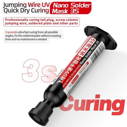 Qianli MEGA-IDEA Nano Solder Mask UV-Curing Glue for Repairs shown as syringe applicator for quick circuit board and jumping wire fixes