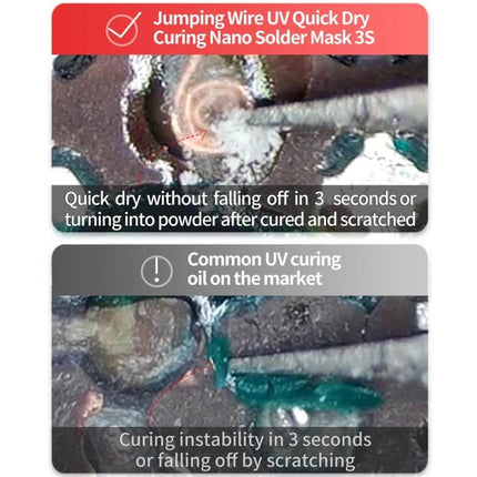 Qianli MEGA-IDEA Nano Solder Mask UV-Curing Glue for Repairs being applied to a circuit board for quick 3s curing and secure solder joint repair