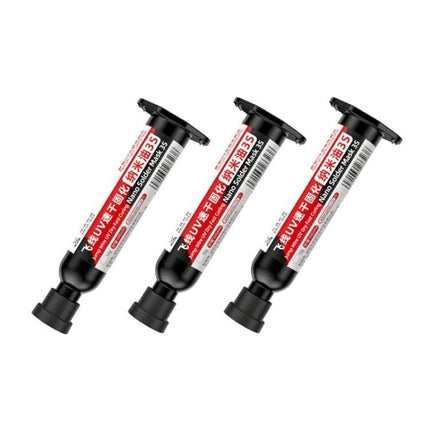 Qianli MEGA-IDEA Nano Solder Mask UV-Curing Glue for Repairs black syringe tubes shown for precise electronic board and tail plug repairs