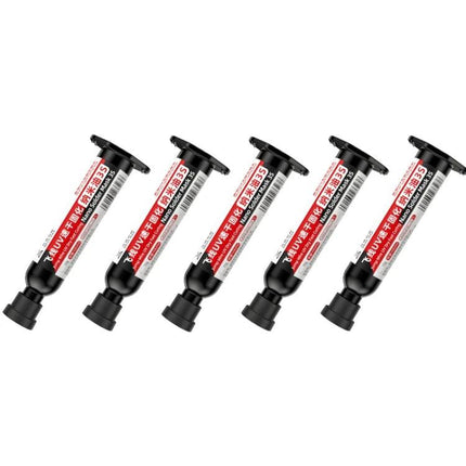 Qianli MEGA-IDEA Nano Solder Mask UV-Curing Glue for Repairs syringe set shown at angle for precision electronic board repairs