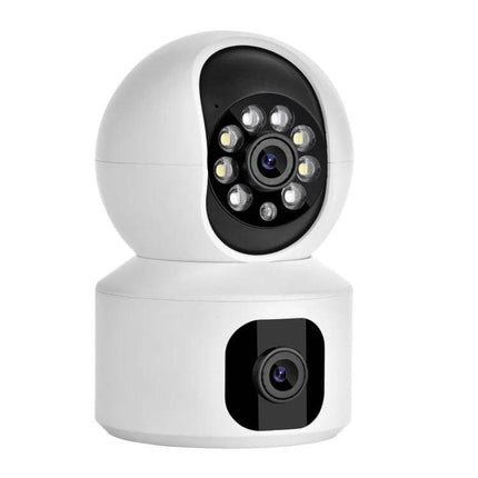 YT66 Wireless Smart PTZ Camera for Home Security Monitoring showing white indoor PTZ camera with dual lenses and night LEDs