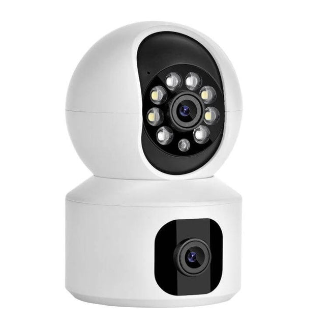 YT66 Wireless Smart PTZ Camera for Home Security Monitoring showing white indoor PTZ camera with dual lenses and night LEDs