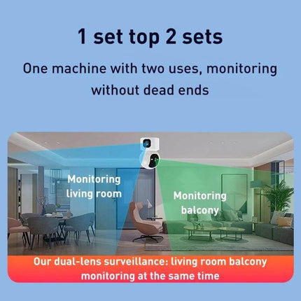 YT66 Wireless Smart PTZ Camera for Home Security Monitoring showing dual-lens coverage of living room and balcony for continuous monitoring