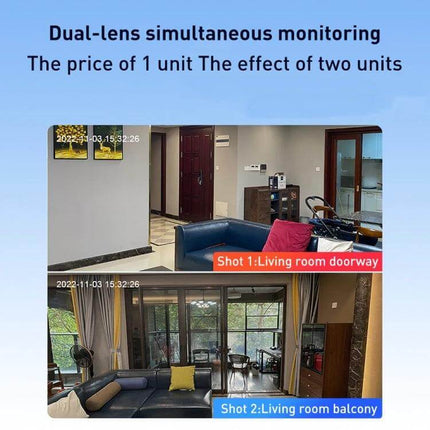 YT66 Wireless Smart PTZ Camera for Home Security Monitoring showing dual-lens simultaneous monitoring of living room doorway and balcony