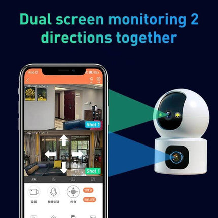 YT66 Wireless Smart PTZ Camera for Home Security Monitoring showing dual-screen app view and PTZ camera monitoring two directions