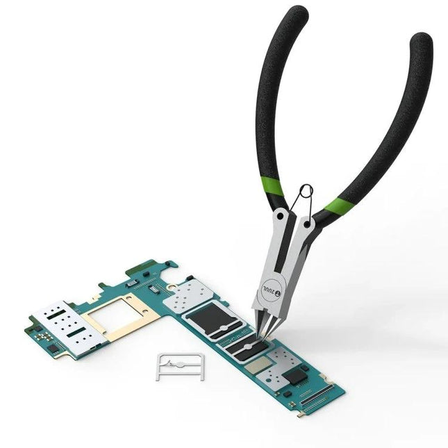 2UUL Precision Plier Cutter for Phone and Electronics Repair used to remove small components from a smartphone circuit board with ergonomic handles