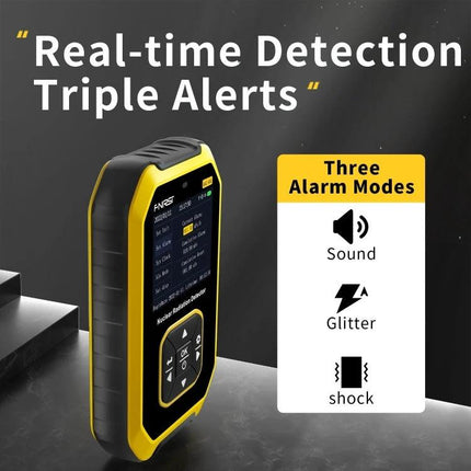 Portable Geiger Counter for Home Radiation Detection handheld unit showing real-time detection and triple alarm modes