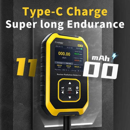 Portable Geiger Counter for Home Radiation Detection handheld yellow black device showing digital readings and Type-C charge