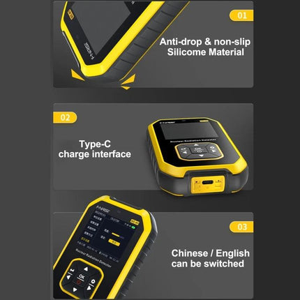 Portable Geiger Counter for Home Radiation Detection handheld device with Type-C port, anti-drop silicone, bilingual display (Chinese/English)