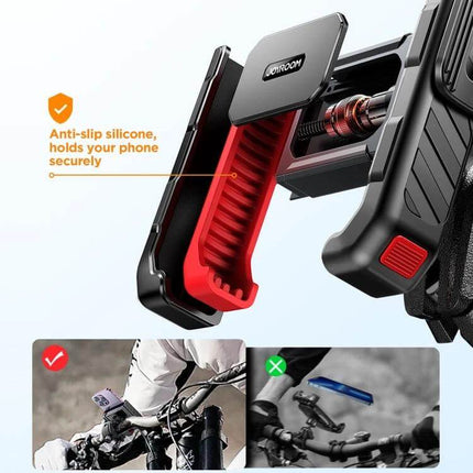 Joyroom Bicycle Phone Mount For 4.7 To 6.8 Inch Phones One Hand Use - closeup of red anti-slip silicone grip and secure bike handlebar mount