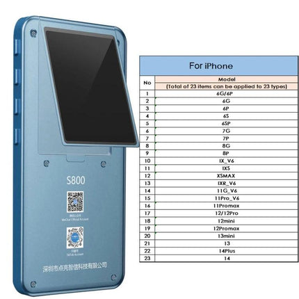 DL S800 Multi-Functional LCD True Tone Testing Device blue handheld tester for iPhone 6–14 models showing screen and compatibility chart