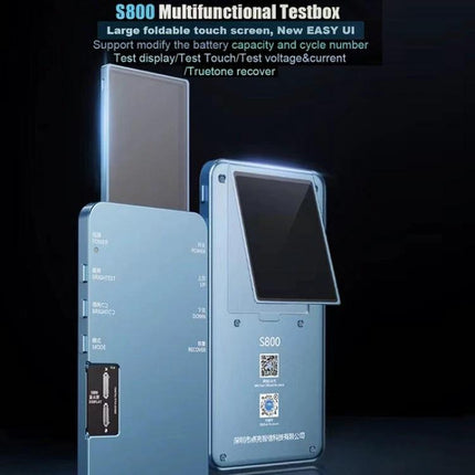DL S800 Multi-Functional LCD True Tone Testing Device showing handheld testbox with foldable screen used for iPhone 6–14 display and battery diagnostics