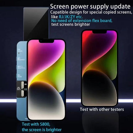 DL S800 Multi-Functional LCD True Tone Testing Device showing brighter iPhone screen comparison and compatible screen power supply update