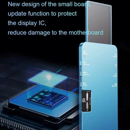 DL S800 Multi-Functional LCD True Tone Testing Device showing blue handheld tester next to an iPhone LCD and motherboard for screen and battery diagnostics