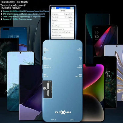 DL S800 Multi-Functional LCD True Tone Testing Device shown with multiple smartphone screens and interface for display, touch and battery testing