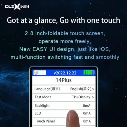 DL S800 Multi-Functional LCD True Tone Testing Device showing 2.8-inch foldable touch UI screen testing iPhone 14Plus display and touch readings