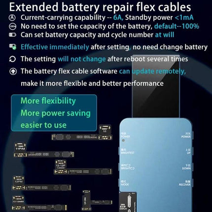 DL S800 Multi-Functional LCD True Tone Testing Device showing extended battery repair flex cables and features for iPhone 6–14 testing