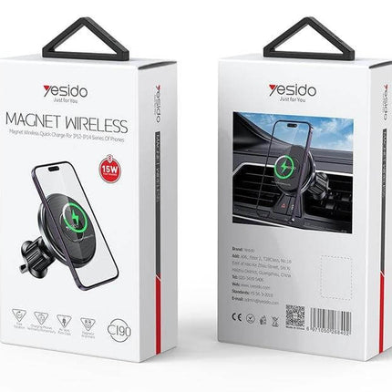 Yesido MagSafe Car Vent Charger for iPhone, Strong Magnetic Hold - boxed product packaging showing magnetic wireless vent mount and phone in car