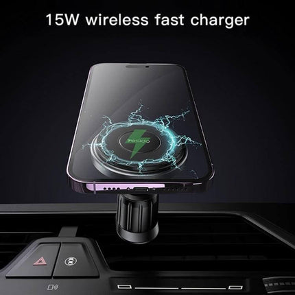 Yesido MagSafe Car Vent Charger for iPhone, Strong Magnetic Hold showing 15W wireless fast charging on vent mount with silicone pad and 360° rotation