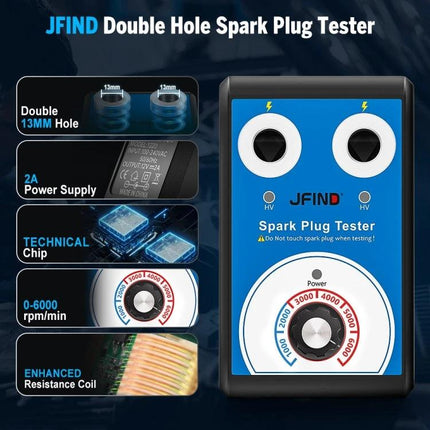 JFIND Tool for Everyday Car Maintenance Checks - blue double-hole spark plug tester showing two 13mm sockets, power dial and features