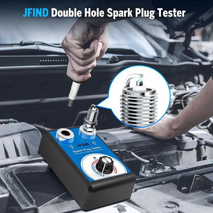 JFIND Tool for Everyday Car Maintenance Checks - compact double hole spark plug tester showing spark inspection under open car hood