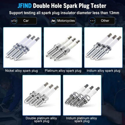 JFIND Tool for Everyday Car Maintenance Checks - double hole spark plug tester showing nickel, platinum, iridium and platinum-iridium spark plugs for cars and motorcycles