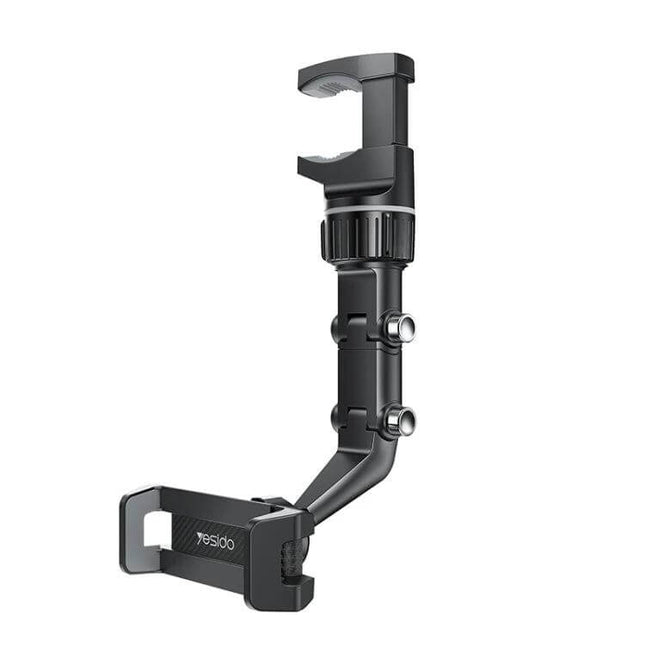 Yesido Car Rearview Mirror Phone Holder With Adjustable Angle mounted showing 960-degree rotation and quick-press adjustable arm for hands-free navigation