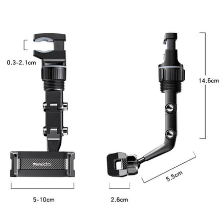 Yesido Car Rearview Mirror Phone Holder With Adjustable Angle showing dimensions, 960° rotation and adjustable clamp for 5–10cm phones