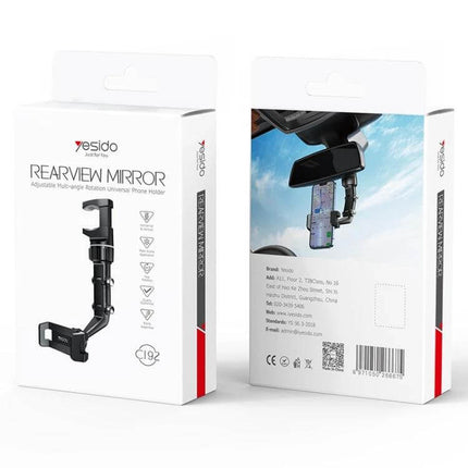 Yesido Car Rearview Mirror Phone Holder With Adjustable Angle showing packaging and mounted phone with 960-degree rotation for hands-free navigation