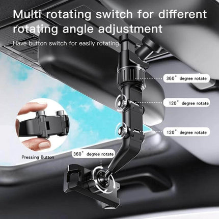 Yesido Car Rearview Mirror Phone Holder With Adjustable Angle showing 960-degree rotation and press-button angle adjustments for hands-free navigation