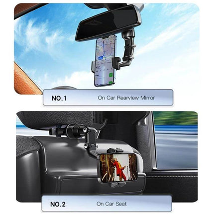Yesido Car Rearview Mirror Phone Holder With Adjustable Angle mounted on rearview mirror showing phone in portrait and on car seat in landscape
