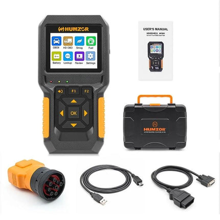 Essential HUMZOR Device for Daily Vehicle Maintenance Tasks - handheld OBD2 scanner kit with cables, adapter, manual and carrying case for quick car diagnostics