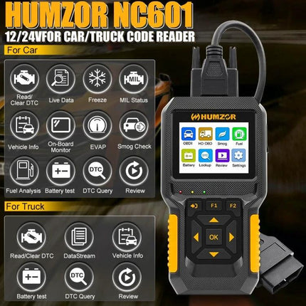 Essential HUMZOR Device for Daily Vehicle Maintenance Tasks - handheld OBD2 scanner showing menus for read/clear DTC, live data, battery test
