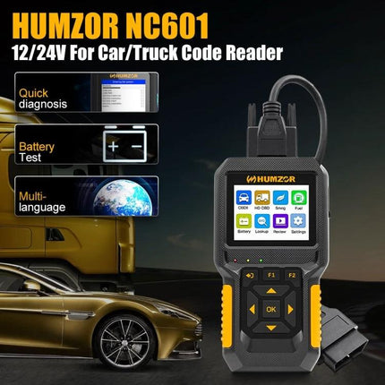 Essential HUMZOR Device for Daily Vehicle Maintenance Tasks - HUMZOR NC601 OBD2 code reader showing screen, quick diagnosis, battery test, multi-language