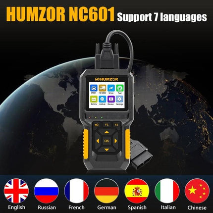 Essential HUMZOR Device for Daily Vehicle Maintenance Tasks - HUMZOR NC601 OBD2 scanner showing multilingual icons and cable