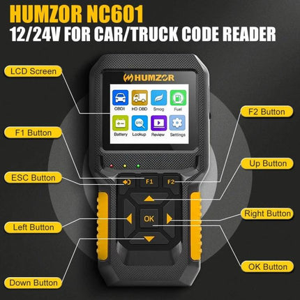 Essential HUMZOR Device for Daily Vehicle Maintenance Tasks - HUMZOR NC601 12/24V OBDII code reader with LCD and labeled buttons