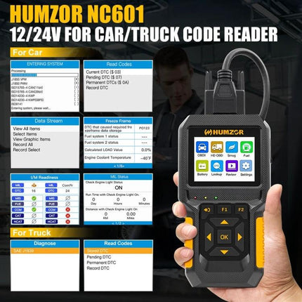 Essential HUMZOR Device for Daily Vehicle Maintenance Tasks - handheld OBD2 code reader showing diagnostics screen